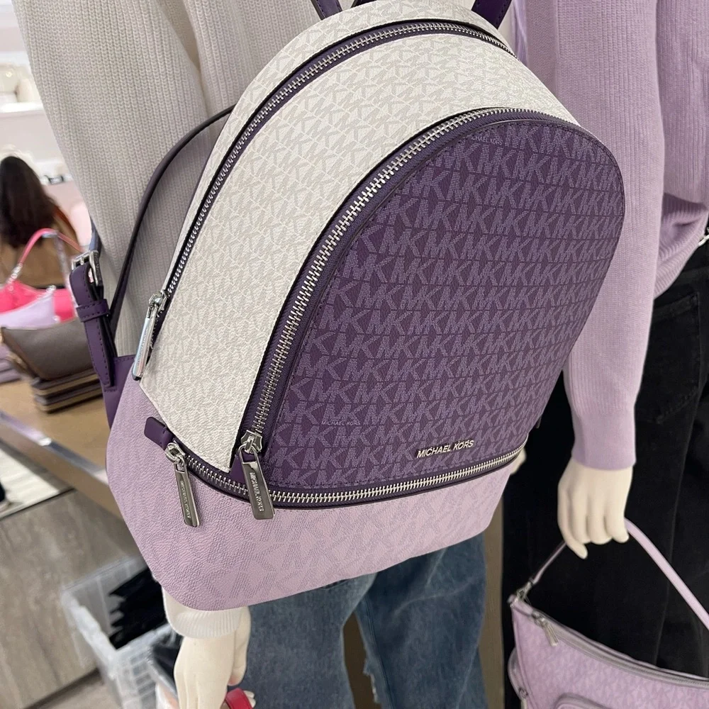MICHAEL KORS Rhea Md Zip Color-Block Signature Logo Backpack Dark Purple Mlt NWT